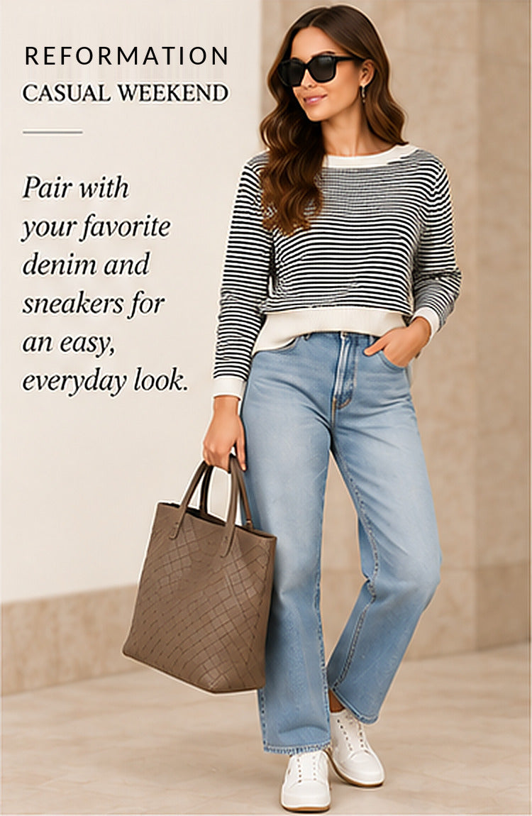 Reformation Striped Cashmere Cropped Sweater – Navy/Ivory – styled editorial look 1