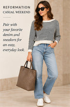 Reformation Striped Cashmere Cropped Sweater – Navy/Ivory – styled editorial look 1