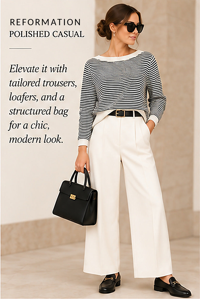 Reformation Striped Cashmere Cropped Sweater – Navy/Ivory – styled editorial look 2