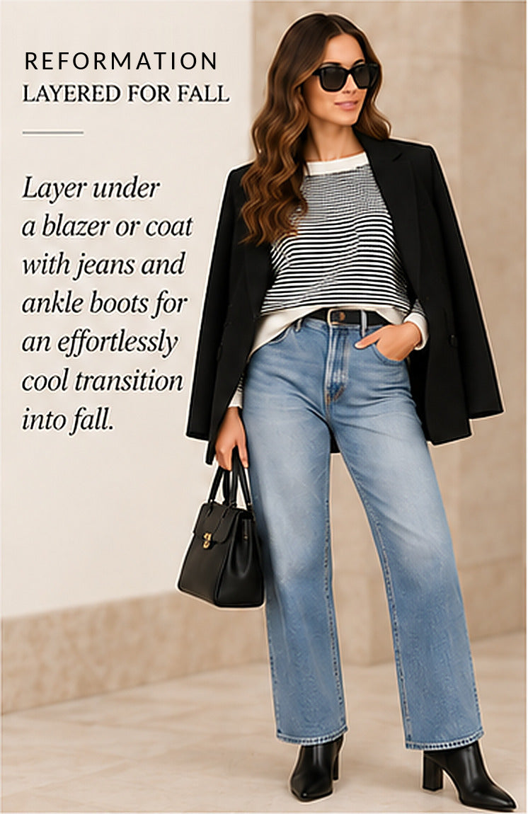 Reformation Striped Cashmere Cropped Sweater – Navy/Ivory – styled editorial look 3