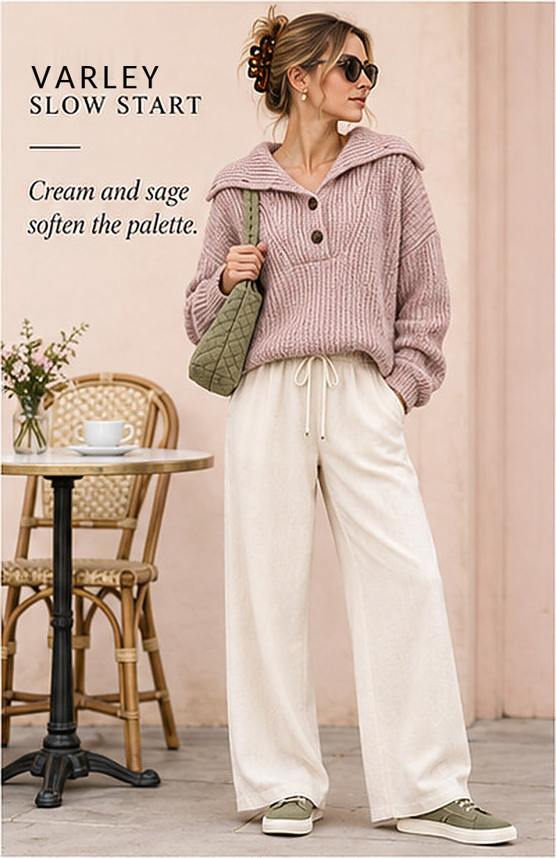 Varley Peverel Button Placket Knit – Woodrose – styled editorial look 1