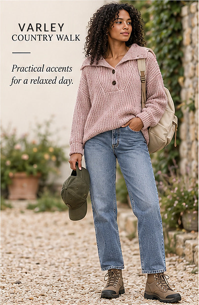 Varley Peverel Button Placket Knit – Woodrose – styled editorial look 3