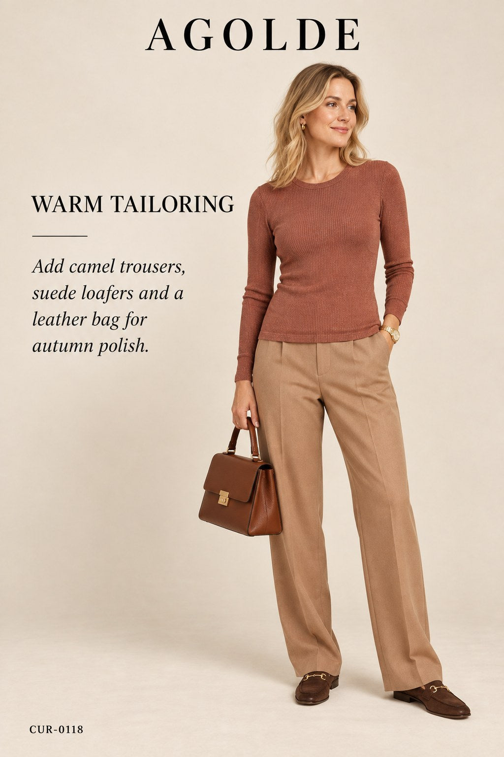 AGOLDE Rust Ribbed Crewneck Top – styled: Warm Tailoring