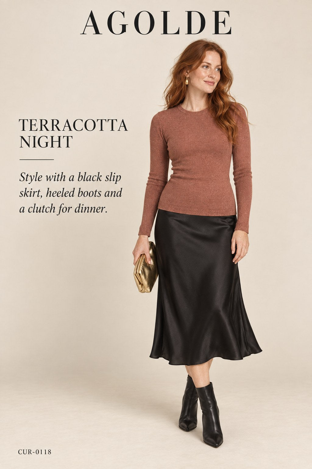 AGOLDE Rust Ribbed Crewneck Top – styled: Terracotta Night