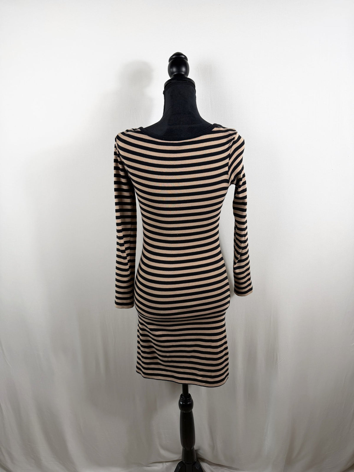 GANNI Striped Cotton Bateau-Neck Mini Dress – Black/Tan – back