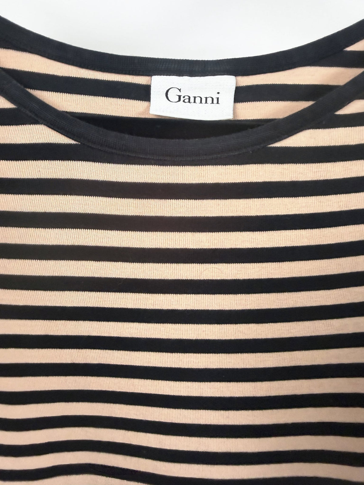 GANNI Striped Cotton Bateau-Neck Mini Dress – Black/Tan – detail