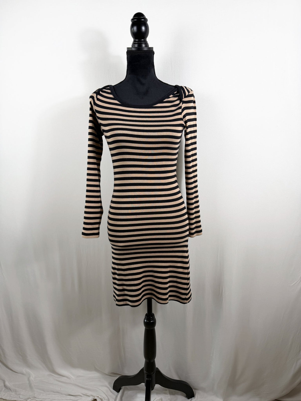 GANNI Striped Cotton Bateau-Neck Mini Dress – Black/Tan – front