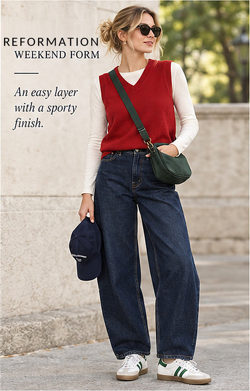 Reformation Cashmere V-Neck Sweater Vest – Red – styled editorial look 3