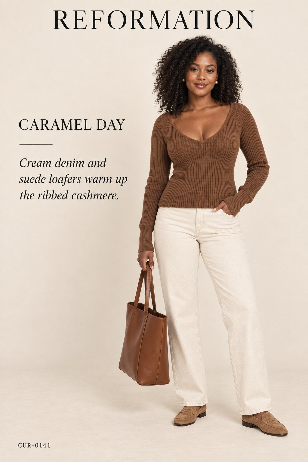 Reformation Ribbed Cashmere V-Neck Sweater – Caramel