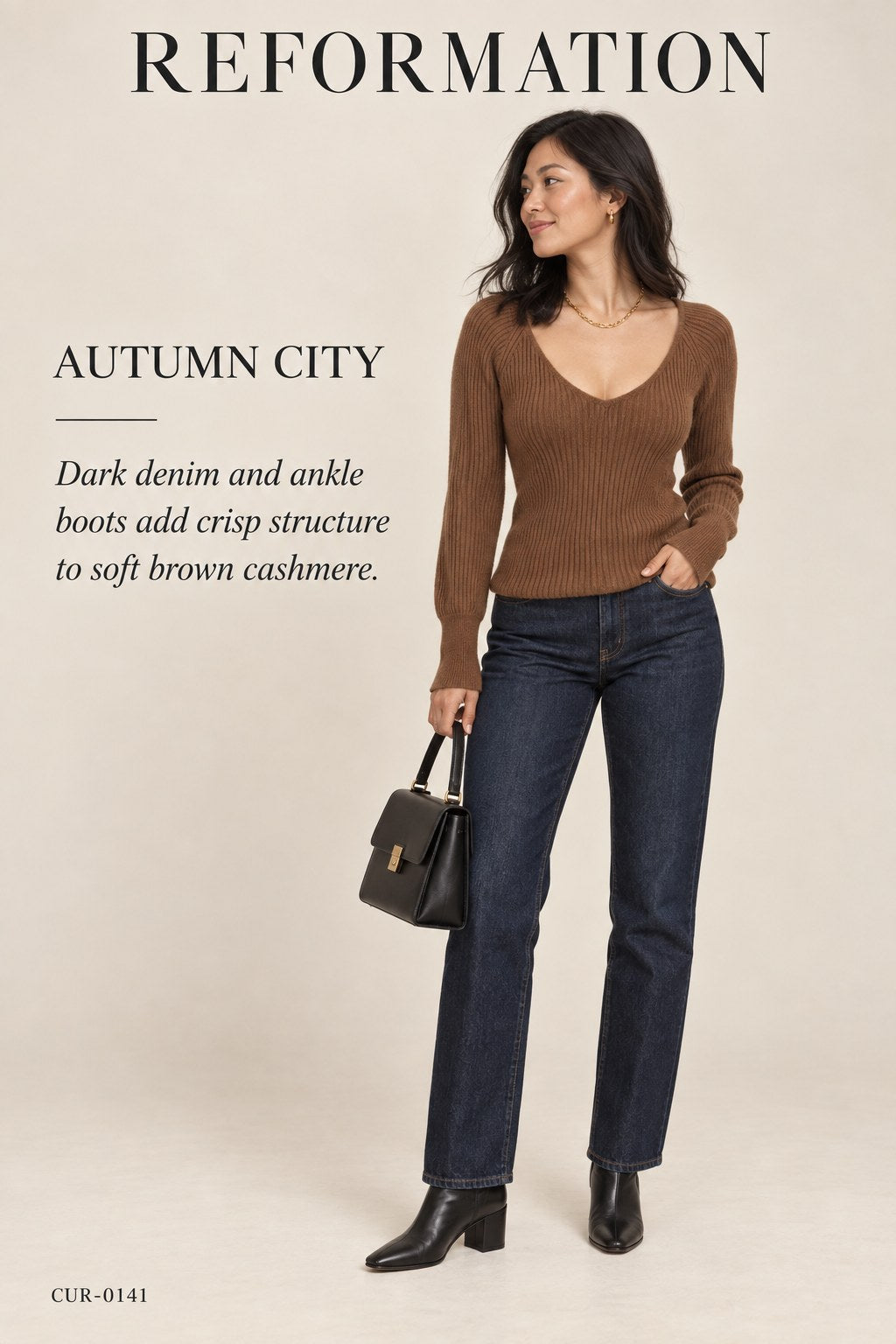 Reformation Ribbed Cashmere V-Neck Sweater – styled: Autumn City