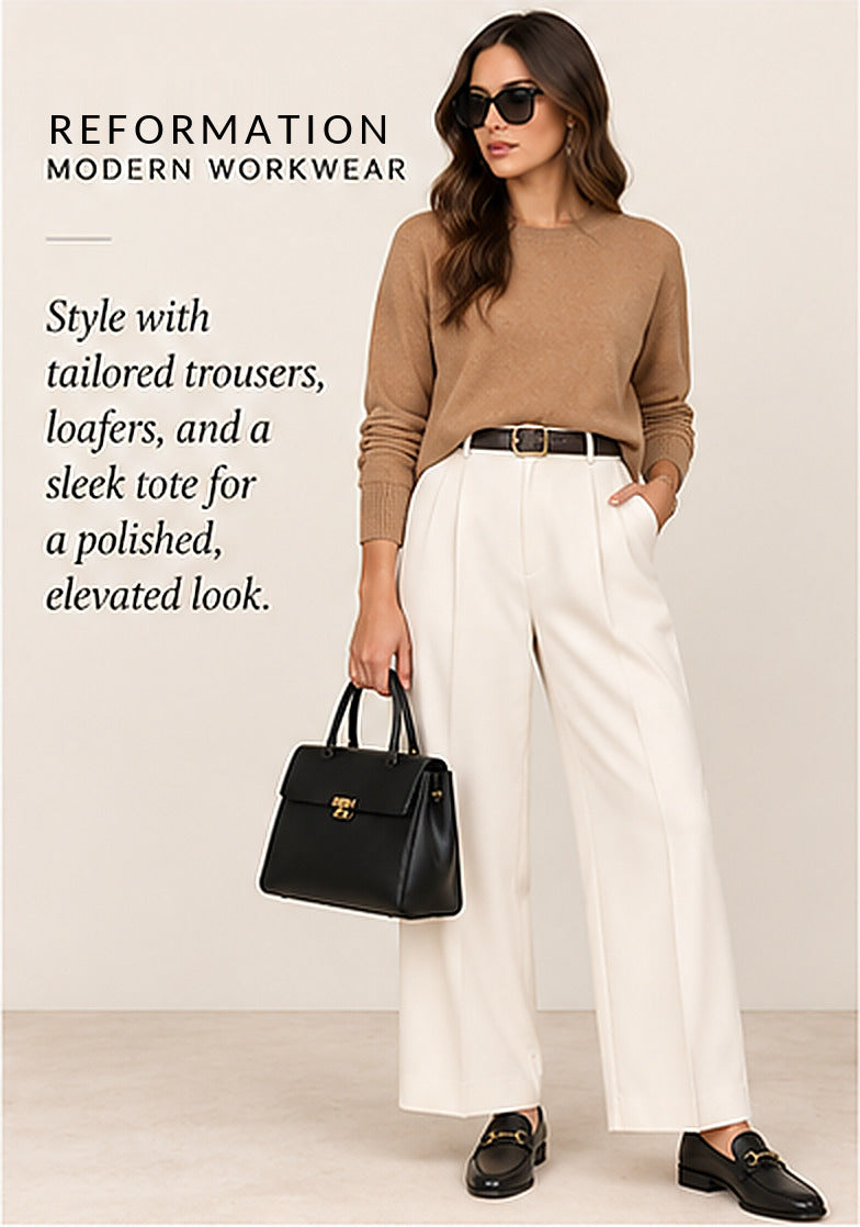 Reformation Cashmere Crewneck Sweater – Camel – styled editorial look 2