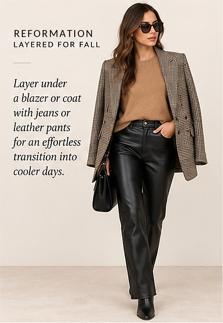 Reformation Cashmere Crewneck Sweater – Camel – styled editorial look 3