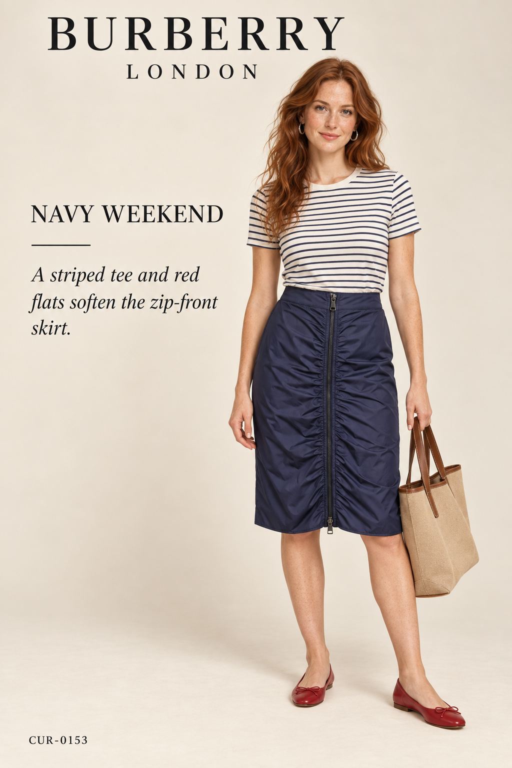 Burberry London Navy Zip-Front Knee-Length Skirt – styled editorial look 1