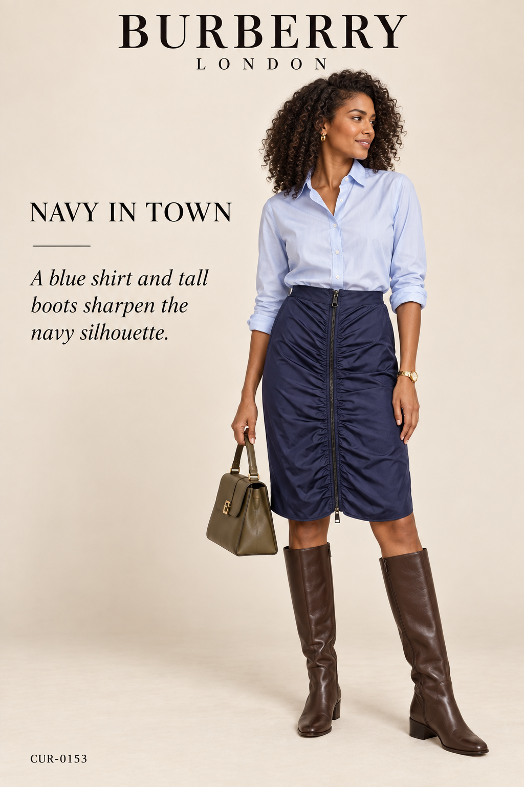 Burberry London Navy Zip-Front Knee-Length Skirt – styled editorial look 2