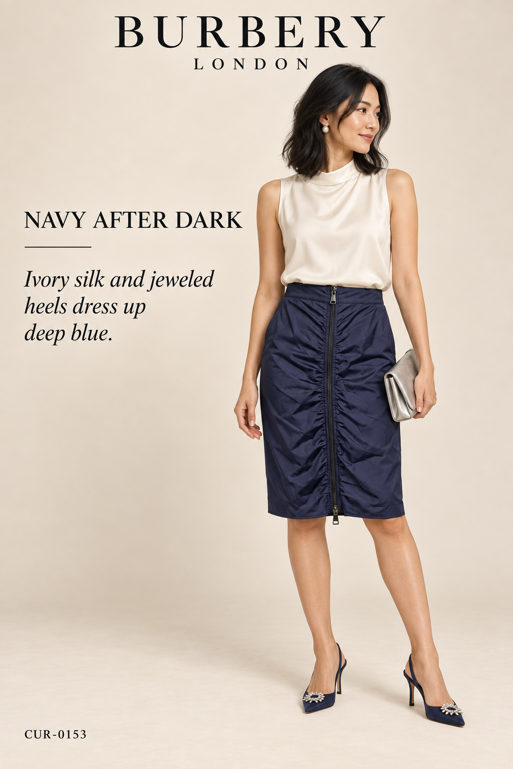 Burberry London Navy Zip-Front Knee-Length Skirt – styled editorial look 3