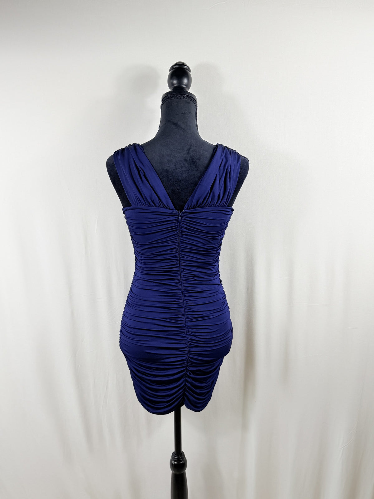 LoveShackFancy Bayana Ruched Cutout Mini Dress — Navy — back