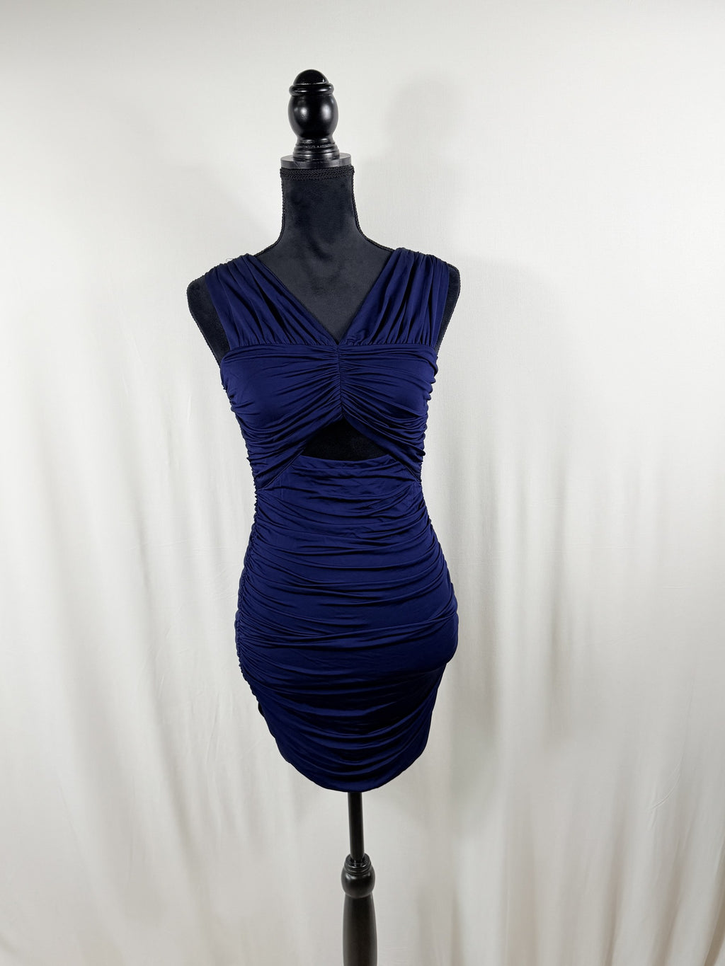 LoveShackFancy Bayana Ruched Cutout Mini Dress — Navy — front