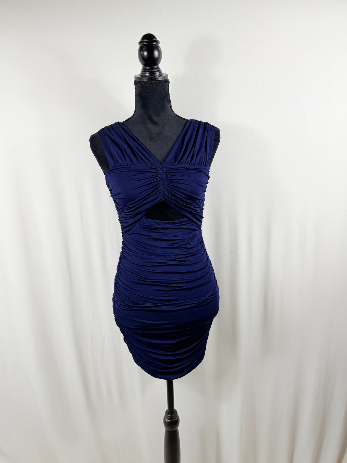LoveShackFancy Bayana Ruched Cutout Mini Dress — Navy — front