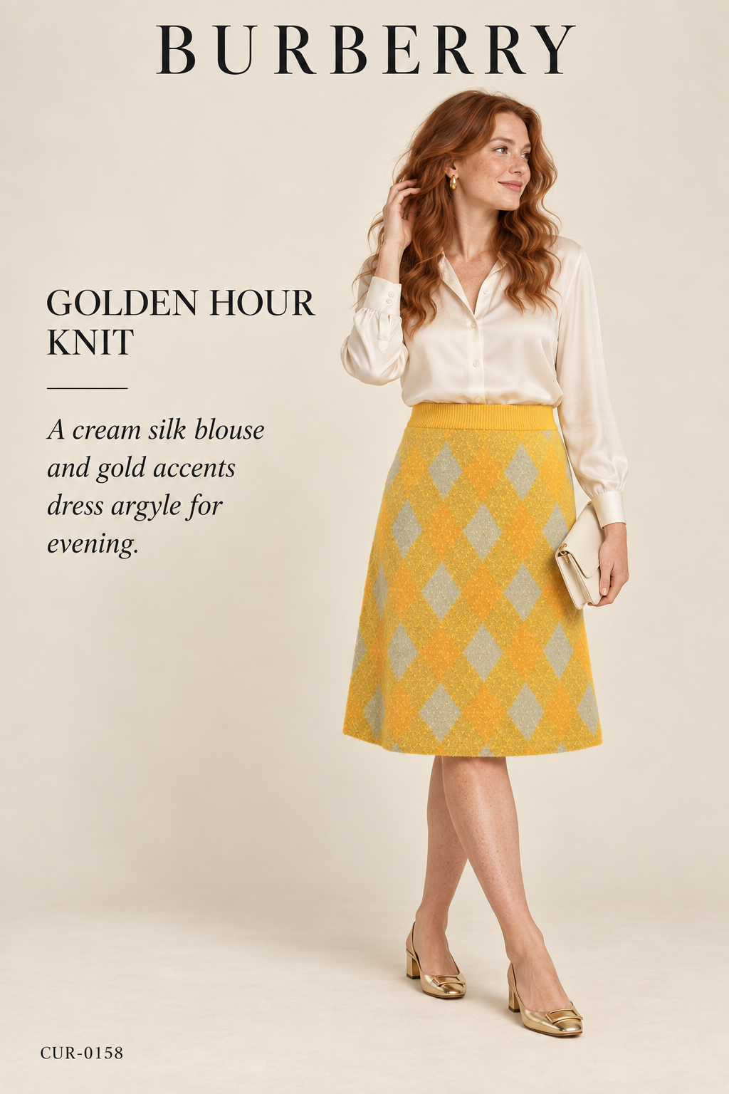 Burberry Equestrian Knight Argyle Wool A-Line Skirt – Mimosa – styled: Golden Hour Knit