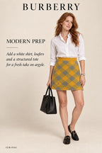 Burberry Equestrian Knight Argyle Wool Skirt – Mimosa – styled editorial look 2