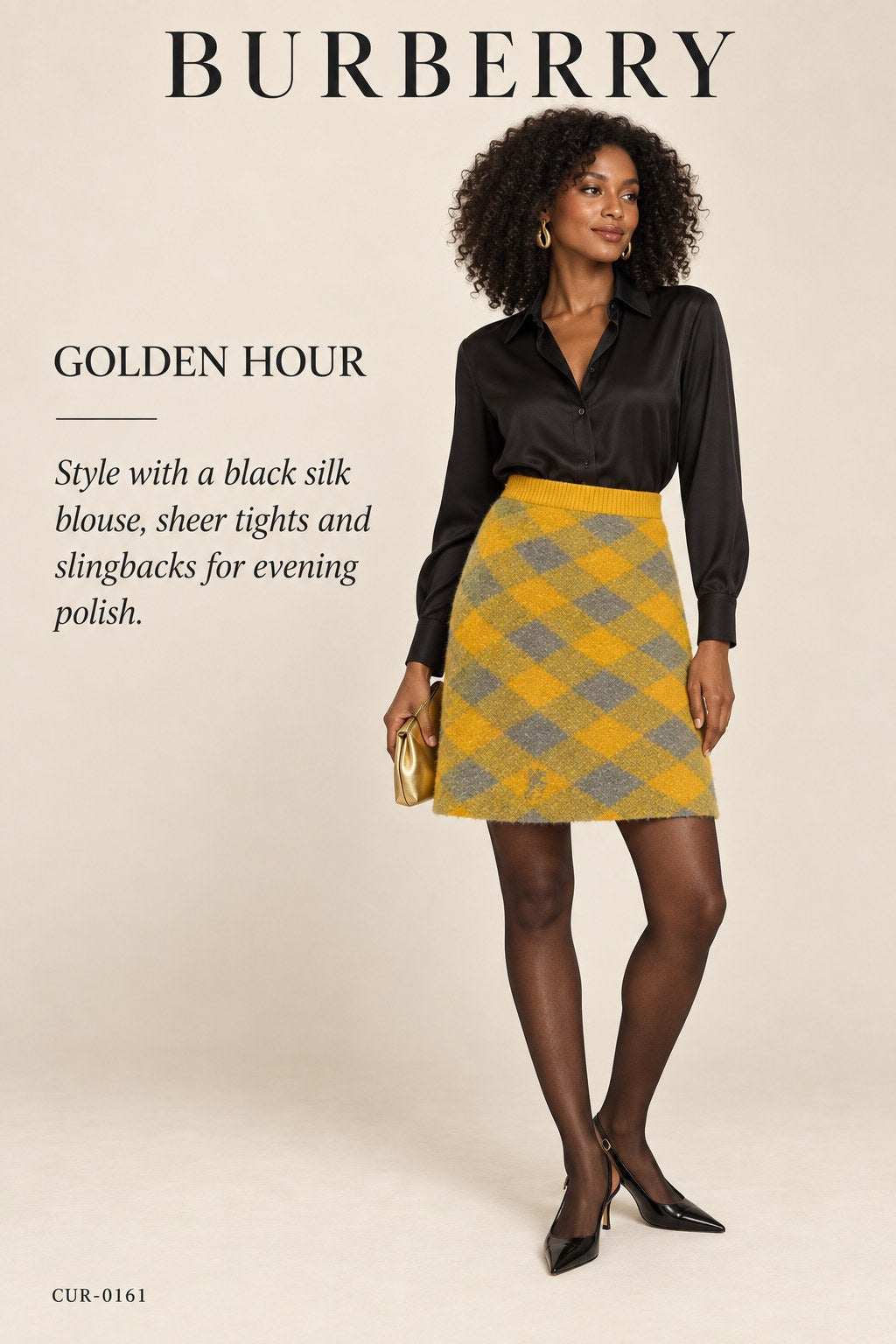 Burberry Equestrian Knight Argyle Wool Skirt – Mimosa – styled editorial look 3