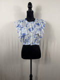 LoveShackFancy Floral Ruffle Crop Top – Blue – front