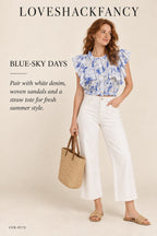 LoveShackFancy Floral Ruffle Crop Top – Blue – styled editorial look 1
