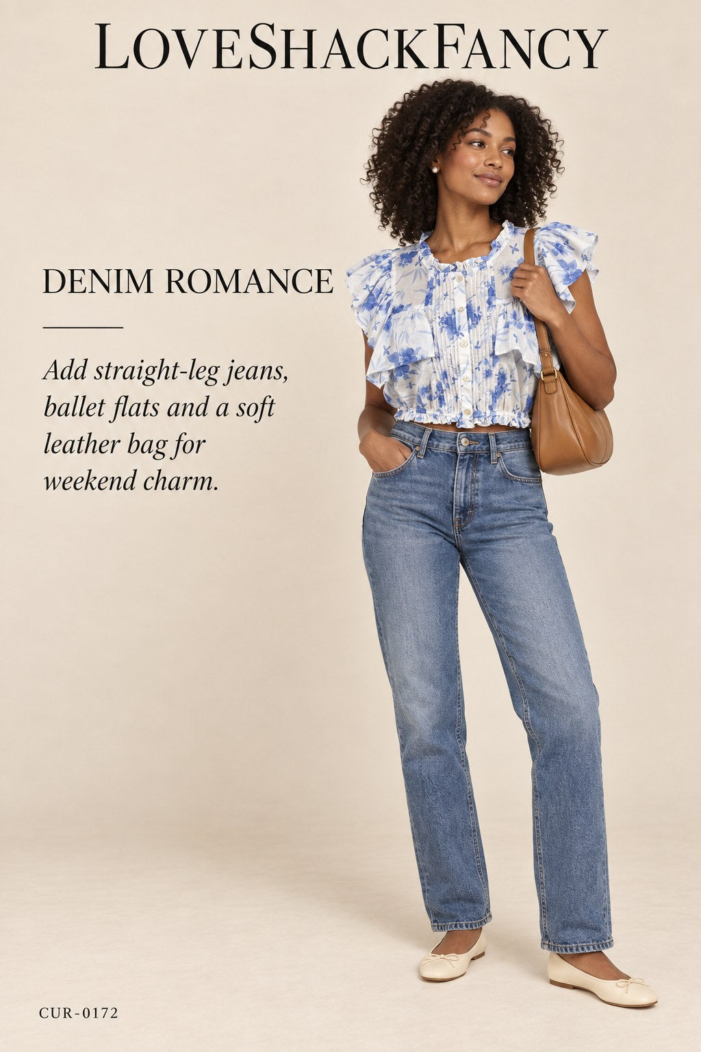 LoveShackFancy Floral Ruffle Crop Top – Blue – styled editorial look 2