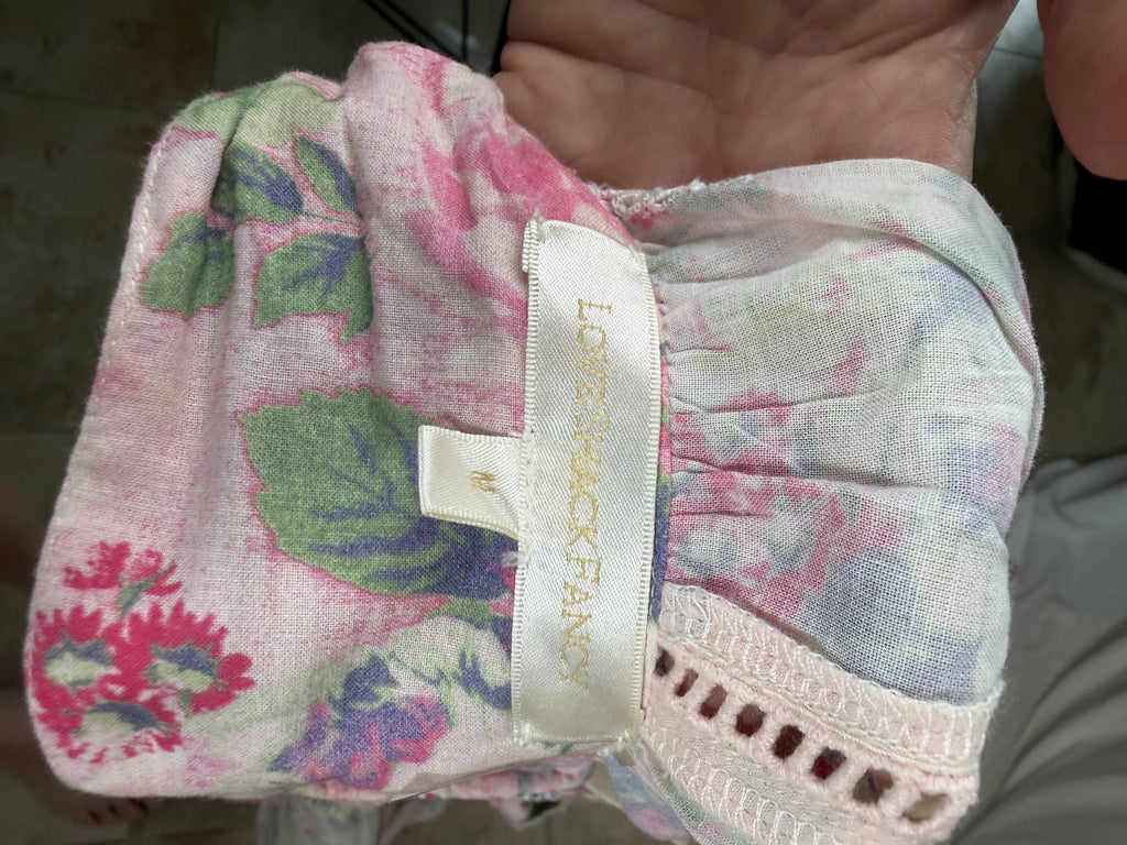 LoveShackFancy Floral Tie-Back Blouse – Pink Multi – label