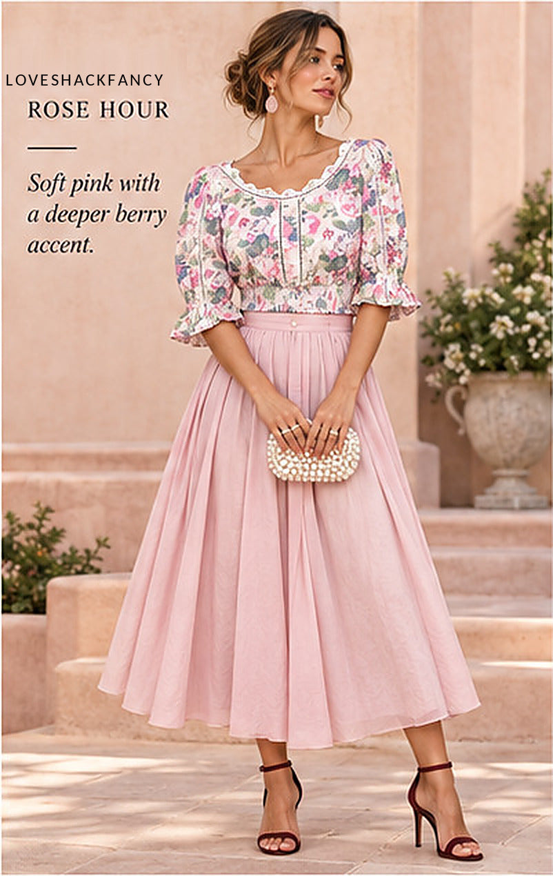 LoveShackFancy Floral Tie-Back Blouse – Pink Multi – styled editorial look 2
