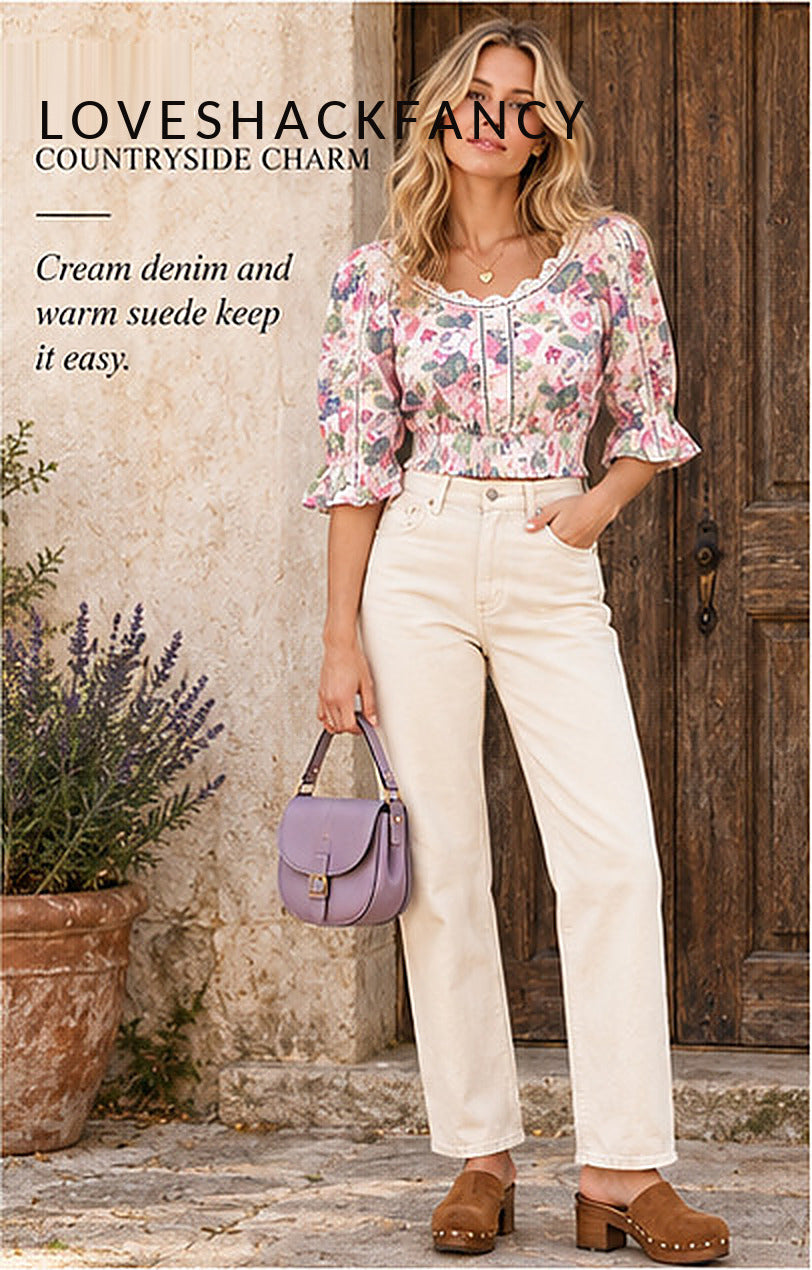 LoveShackFancy Floral Tie-Back Blouse – Pink Multi – styled editorial look 3