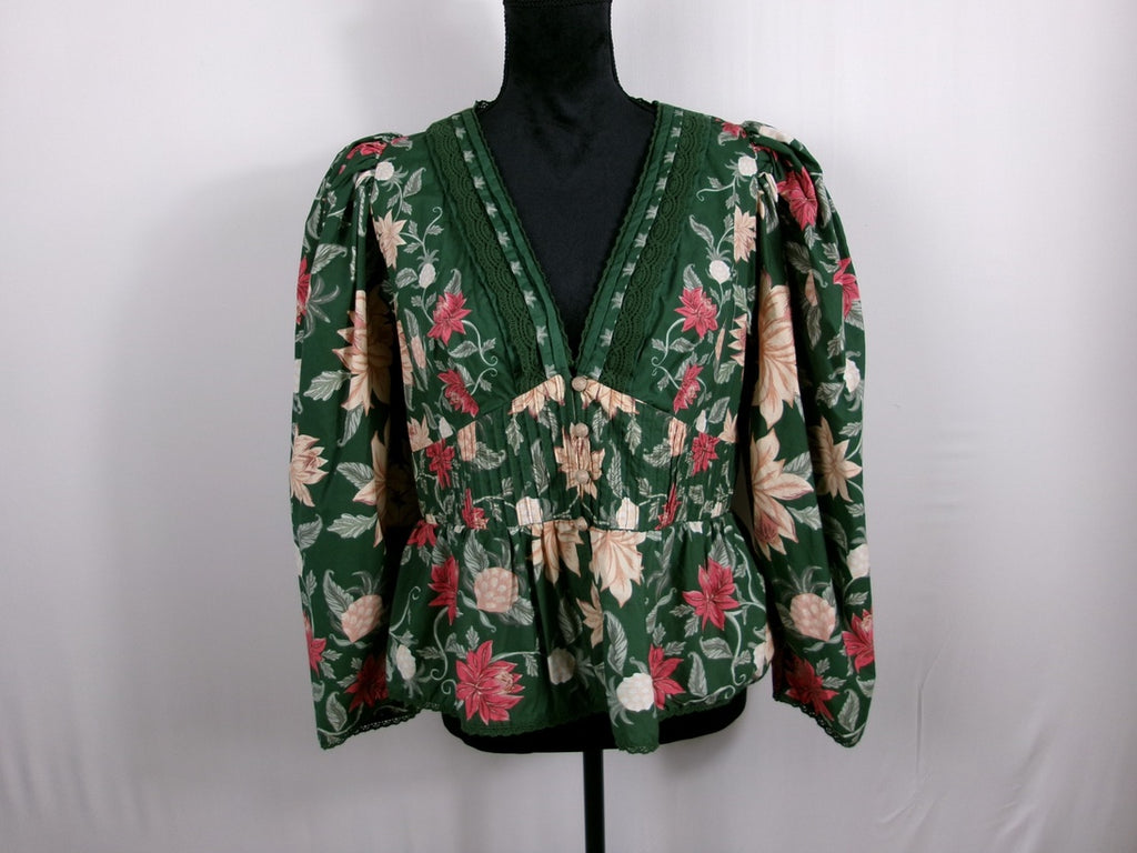 FARM Rio Dark Green Floral Lace-Trim Blouse – front
