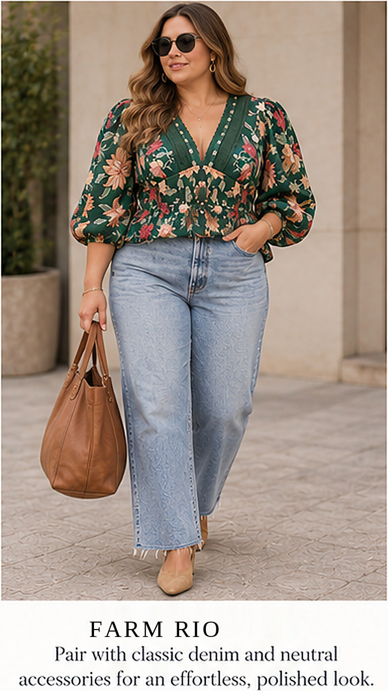 FARM Rio Dark Green Floral Lace-Trim Blouse