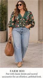 FARM Rio Dark Green Floral Lace-Trim Blouse – styled editorial look 1