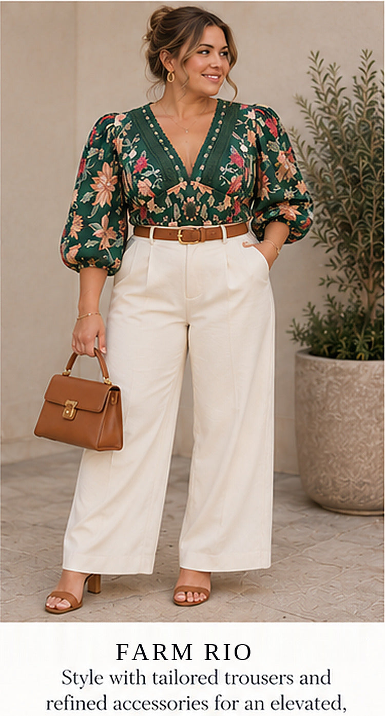 FARM Rio Dark Green Floral Lace-Trim Blouse – styled editorial look 2