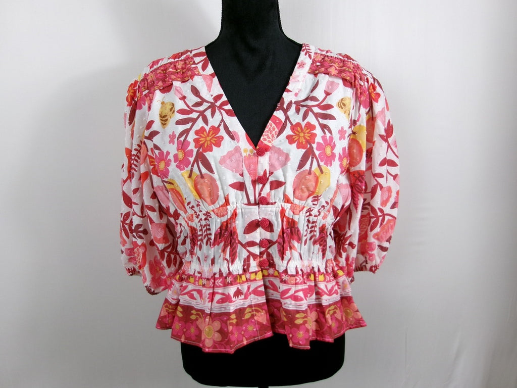 FARM Rio Pink Floral Puff-Sleeve Blouse – front