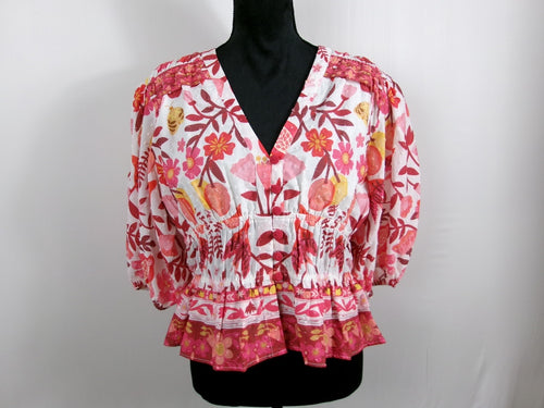 FARM Rio Pink Floral Puff-Sleeve Blouse – front