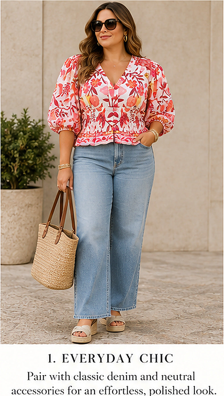 FARM Rio Pink Floral Puff-Sleeve Blouse – styled editorial look 1