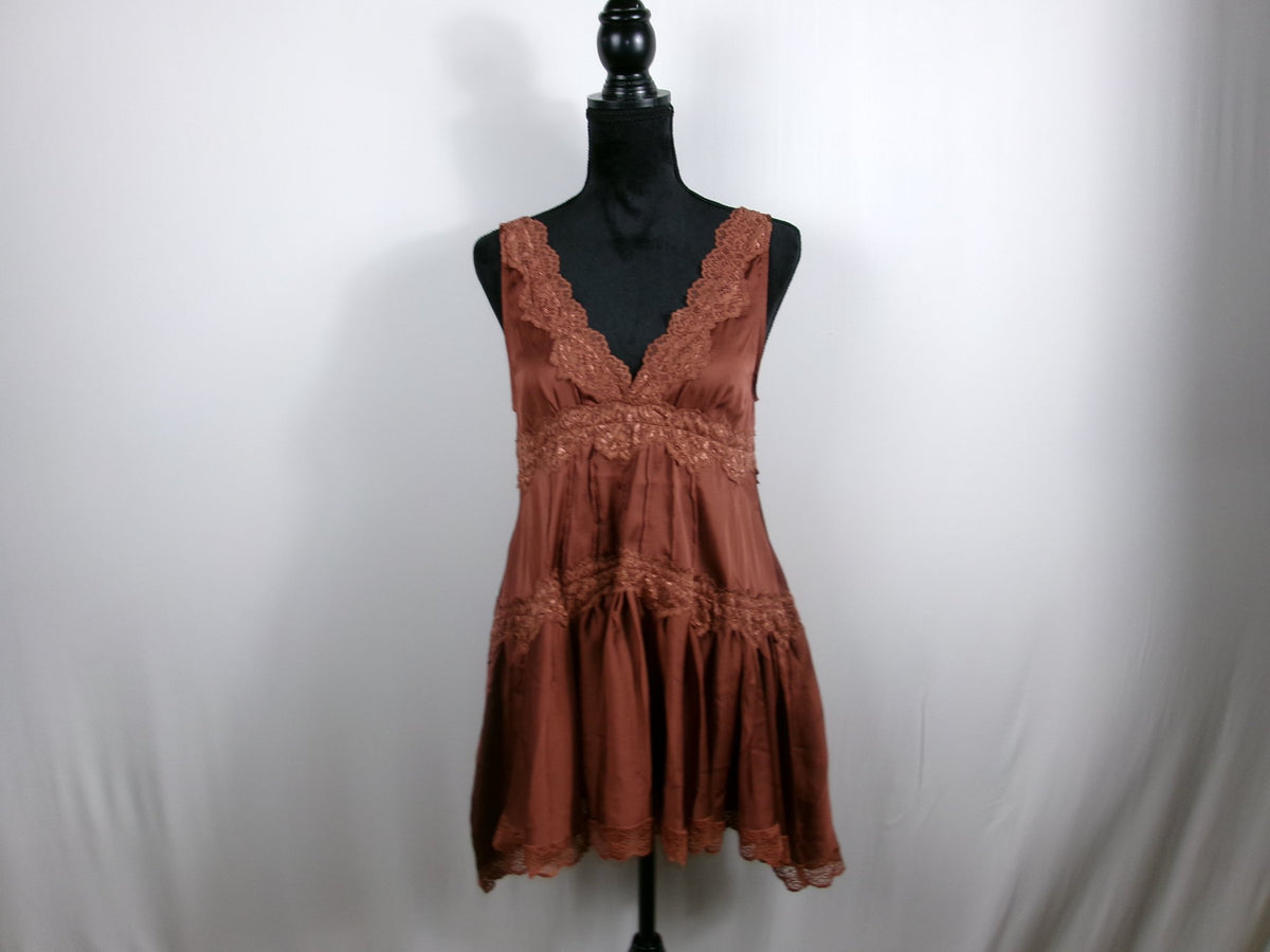 Intimately by Free People Brown Lace-Trim Mini Dress – front