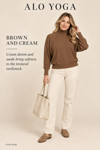 Alo Yoga Ribbed Turtleneck Long-Sleeve Top – Brown – styled: Brown and Cream