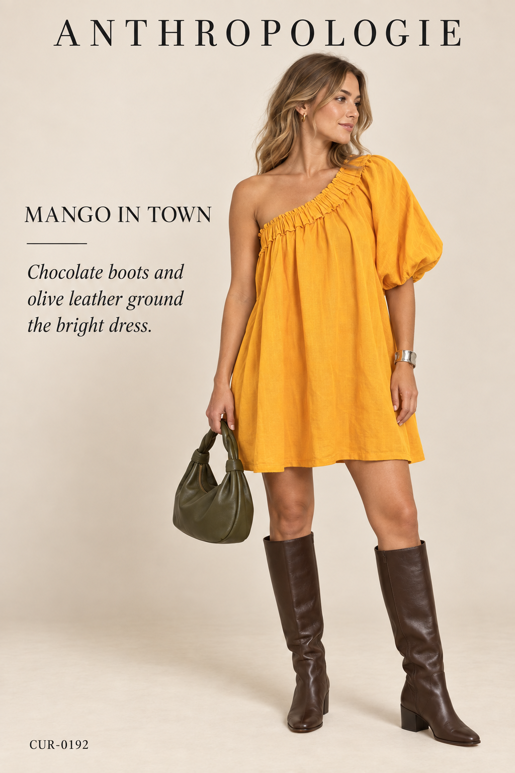 Anthropologie Mango Orange One-Shoulder Maxi Dress — styling illustration