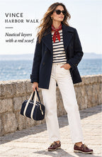 Vince Double-Breasted Wool Peacoat – Navy – styled editorial look 1