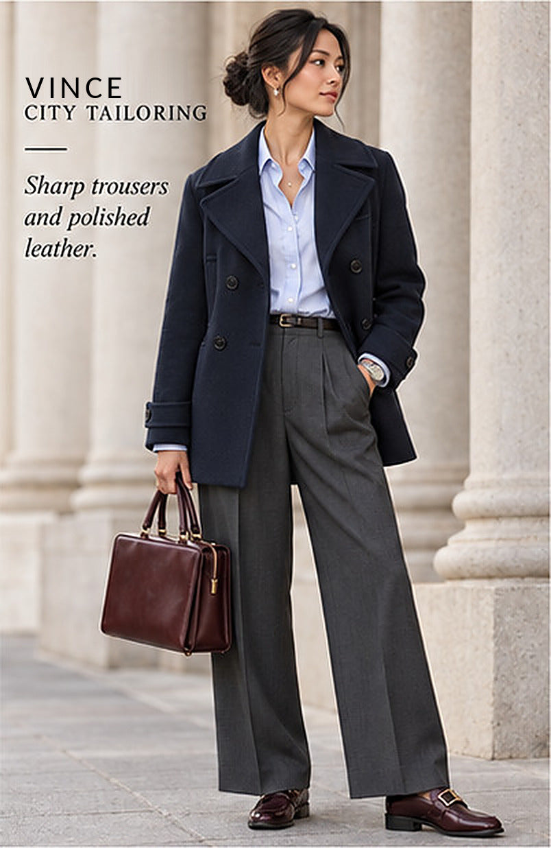 Vince Double-Breasted Wool Peacoat – Navy – styled editorial look 2