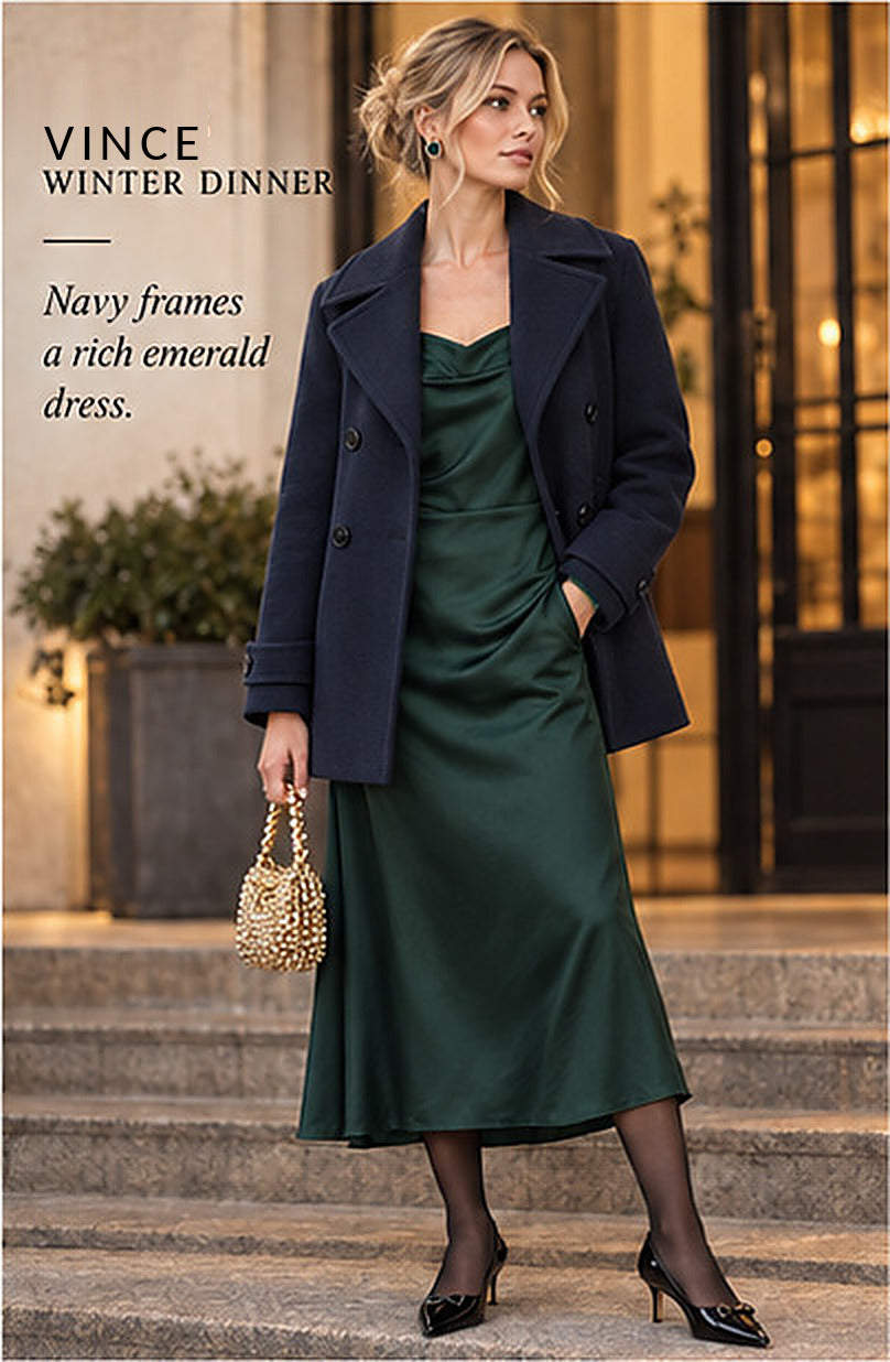Vince Double-Breasted Wool Peacoat – Navy – styled editorial look 3