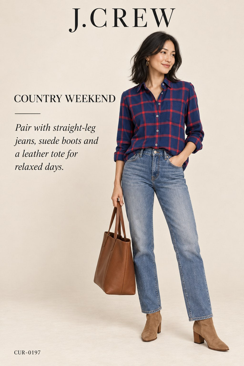 J.Crew Plaid Button-Down Shirt – Navy/Red – styled editorial look 1
