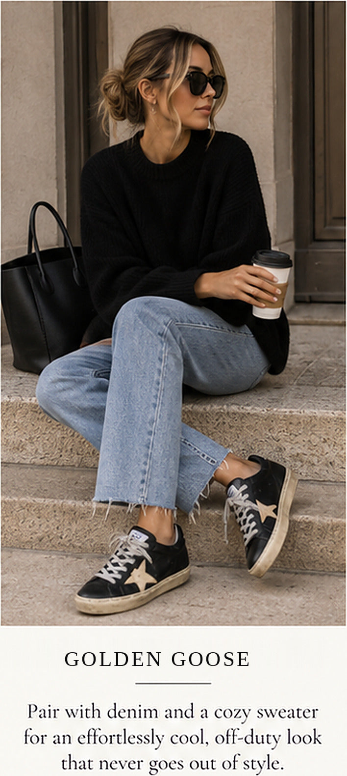 Hi Star Black Leather Sneakers with Gold Star – styled editorial look 1