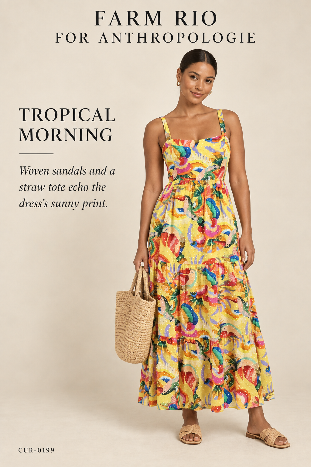FARM Rio for Anthropologie Bird-Print Dress – Yellow Multi – styled: Tropical Morning