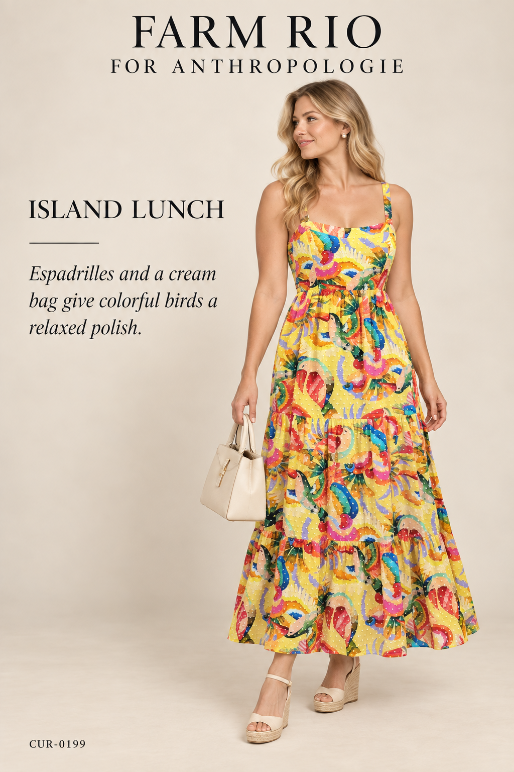 FARM Rio for Anthropologie Bird-Print Dress – Yellow Multi – styled: Island Lunch
