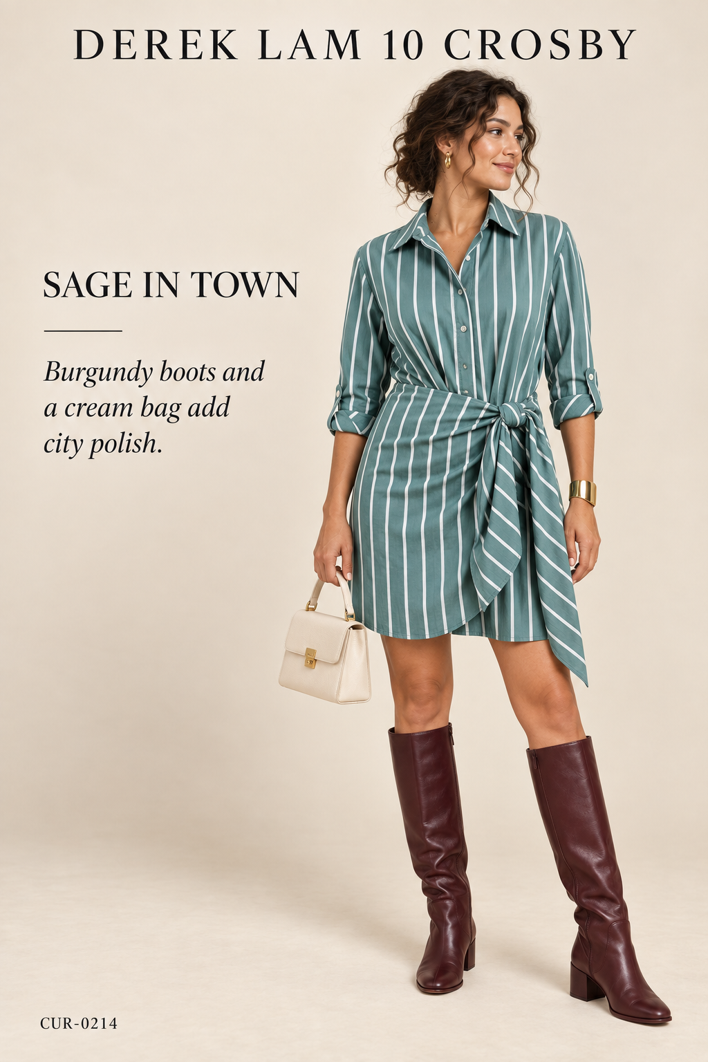Derek Lam 10 Crosby Charlotte Tie Waist Shirt Dress – styled editorial look 2: Sage in Town