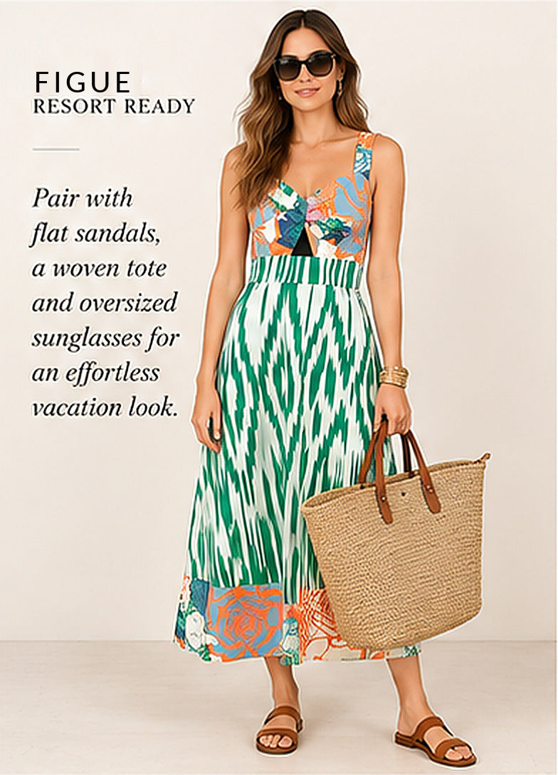 Figue Green/Orange Mixed-Print Ikat Cotton Dress